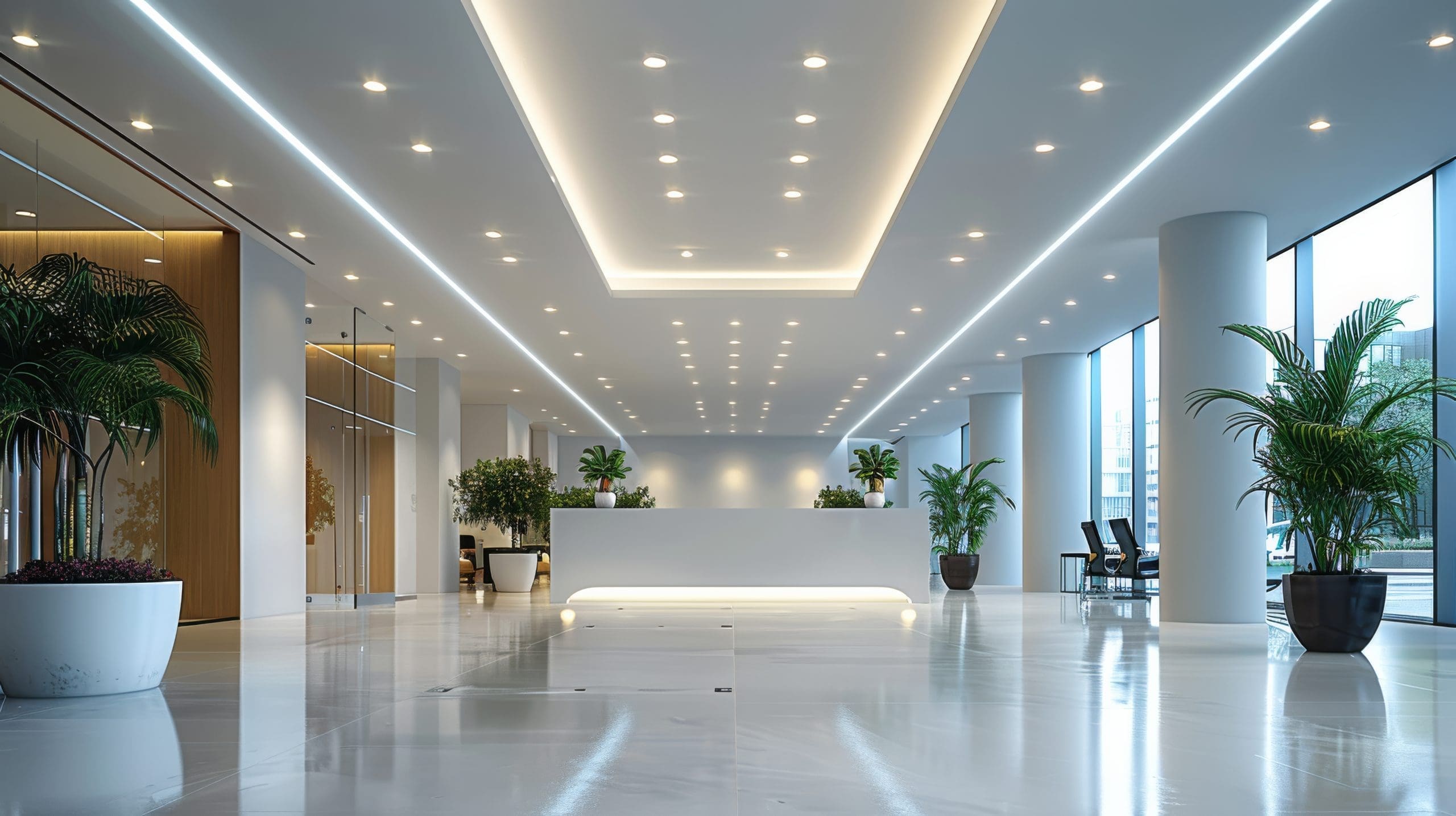 White square LED down lights are installed in an office interior showcasing the modern design and lighting, featuring suspended white square tiles on high ceilings. Generative AI.