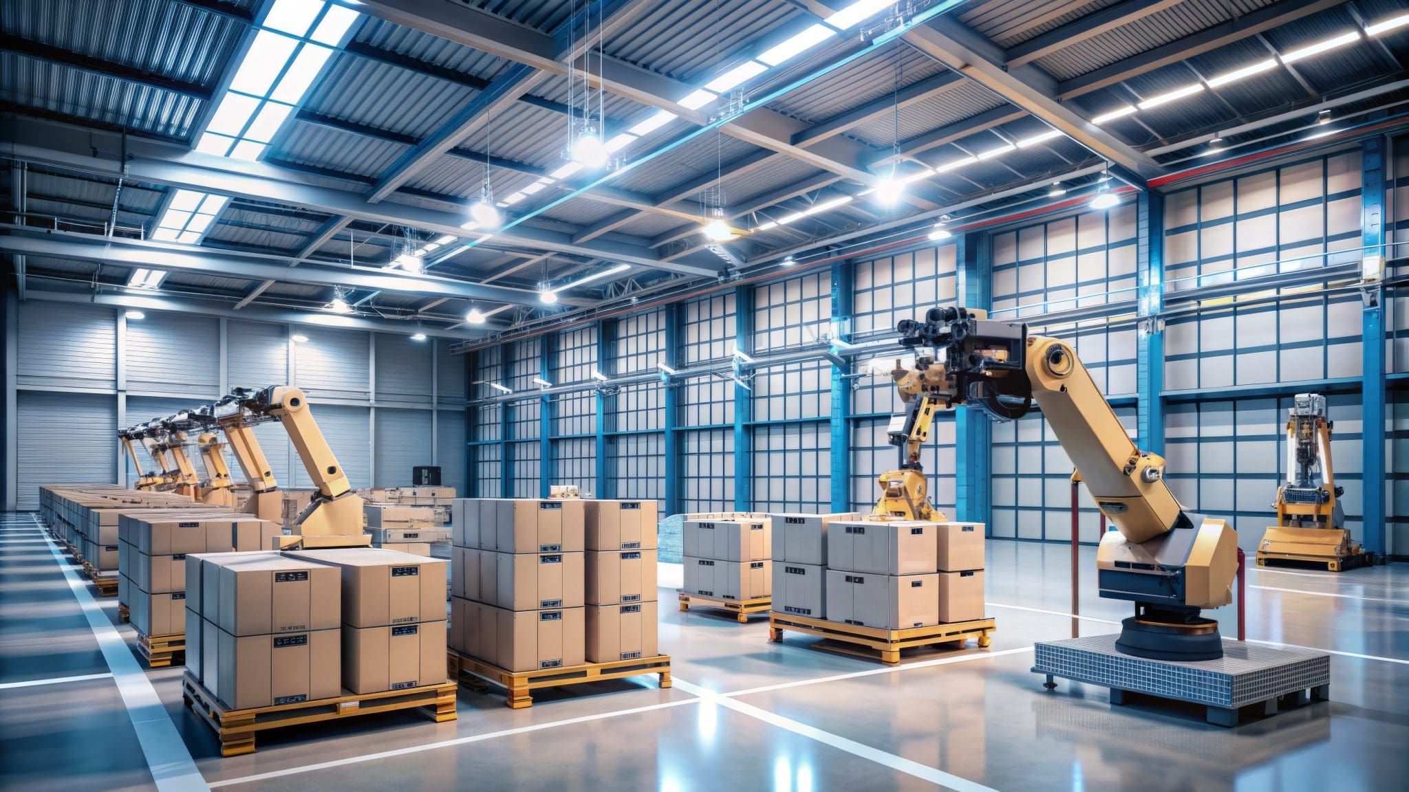 High-tech industrial robots efficiently organize boxes on pallets in a sleek, modern warehouse under bright, cool white LED lighting.