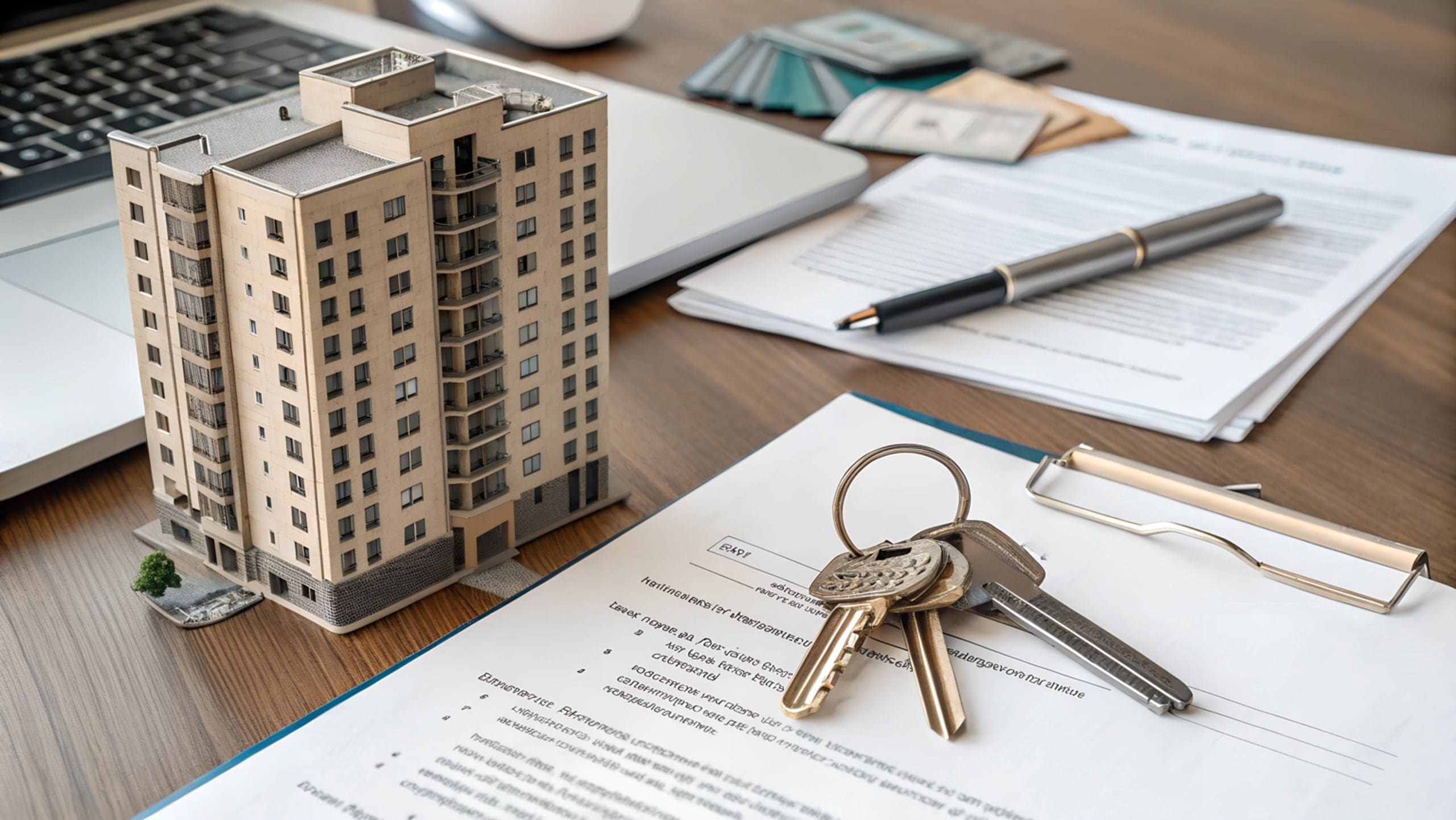 A real estate transaction concept featuring a miniature apartment building, house keys, and signed documents on a wooden desk. Business, mortgage, property investment, and financial planning theme. A real estate transaction concept featuring a miniature apartment building, house keys, and signed documents on a wooden desk. Business, mortgage, property investment, and financial planning theme.