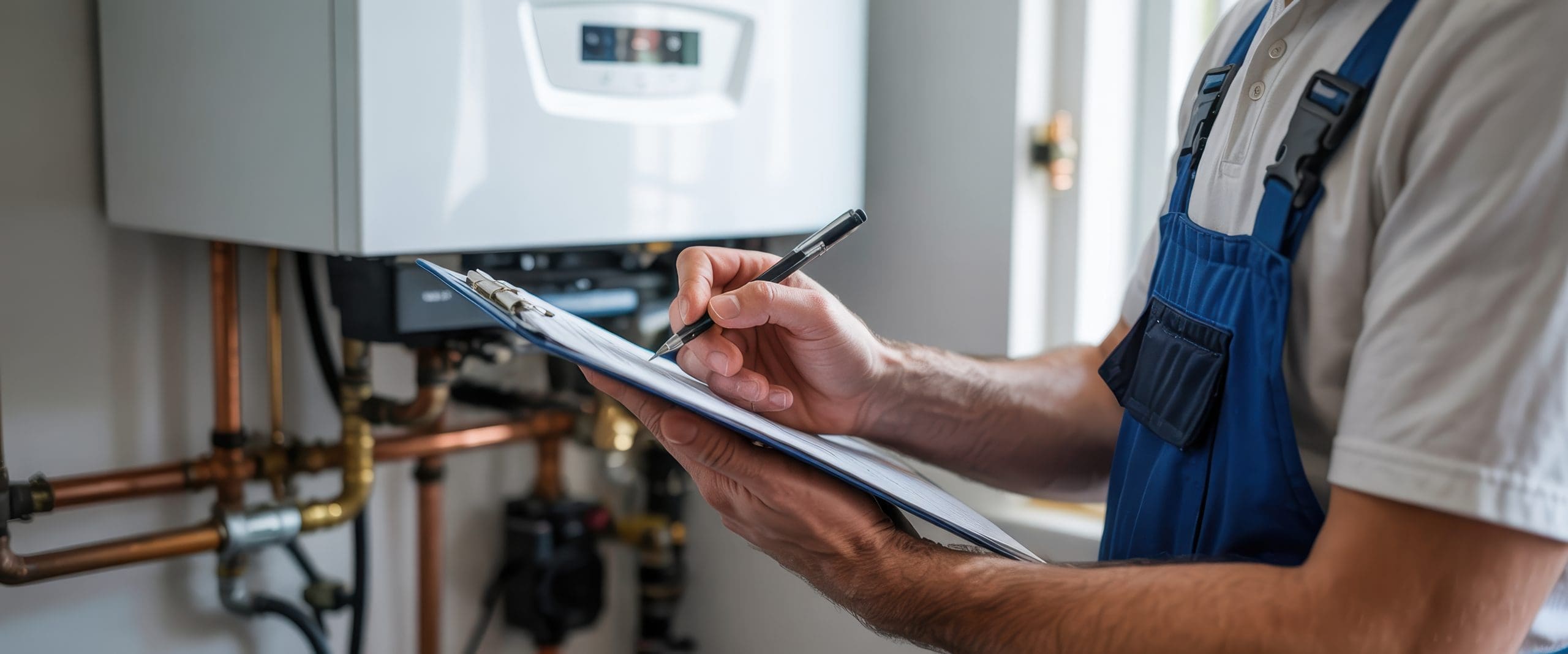 Technician inspecting a home heating system. Technician inspecting a home heating system.