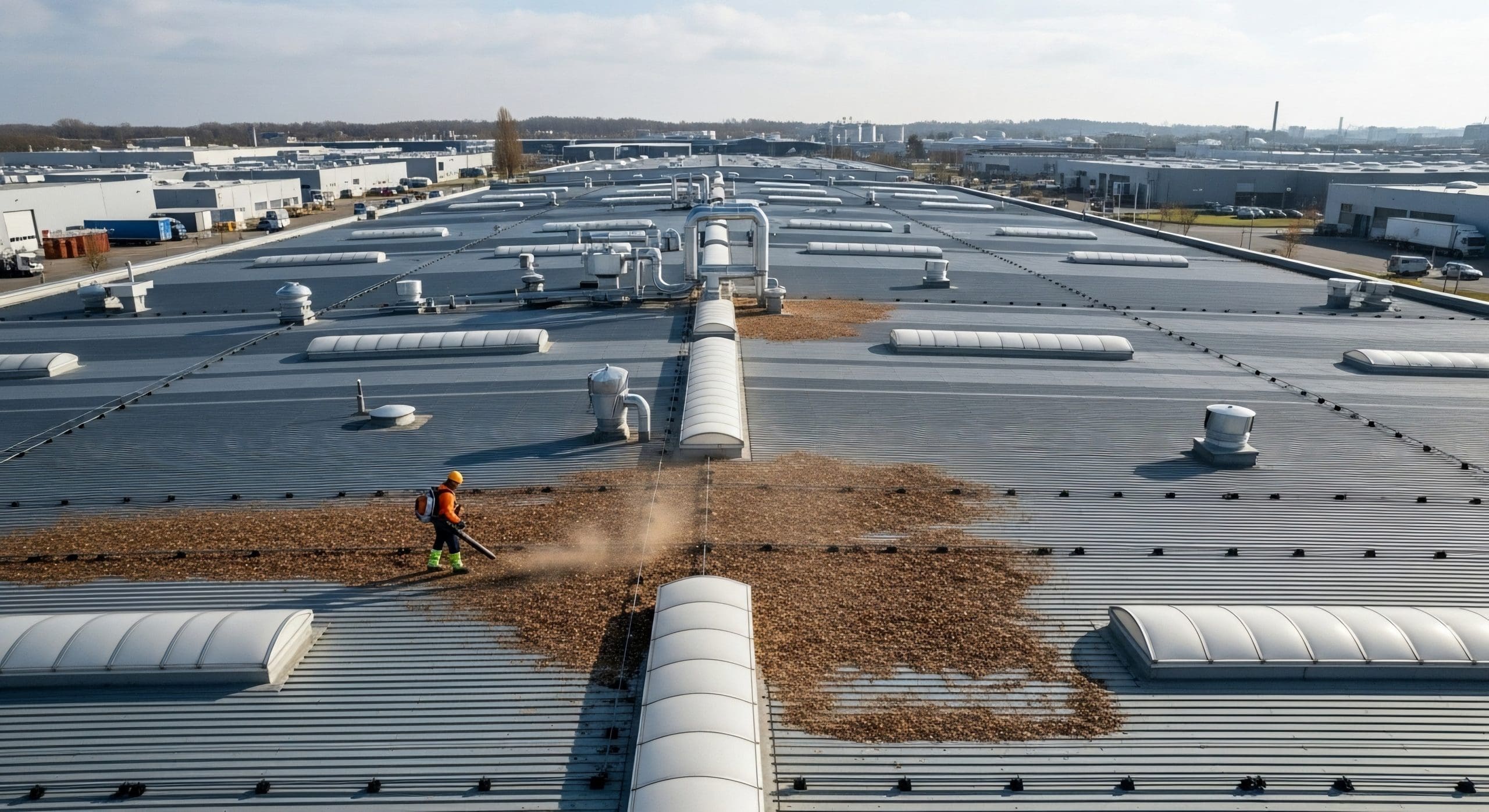 A worker in a hard hat and safety vest uses a leaf blower to clear a large pile of leaves and debris from a vast, corrugated metal industrial roof.