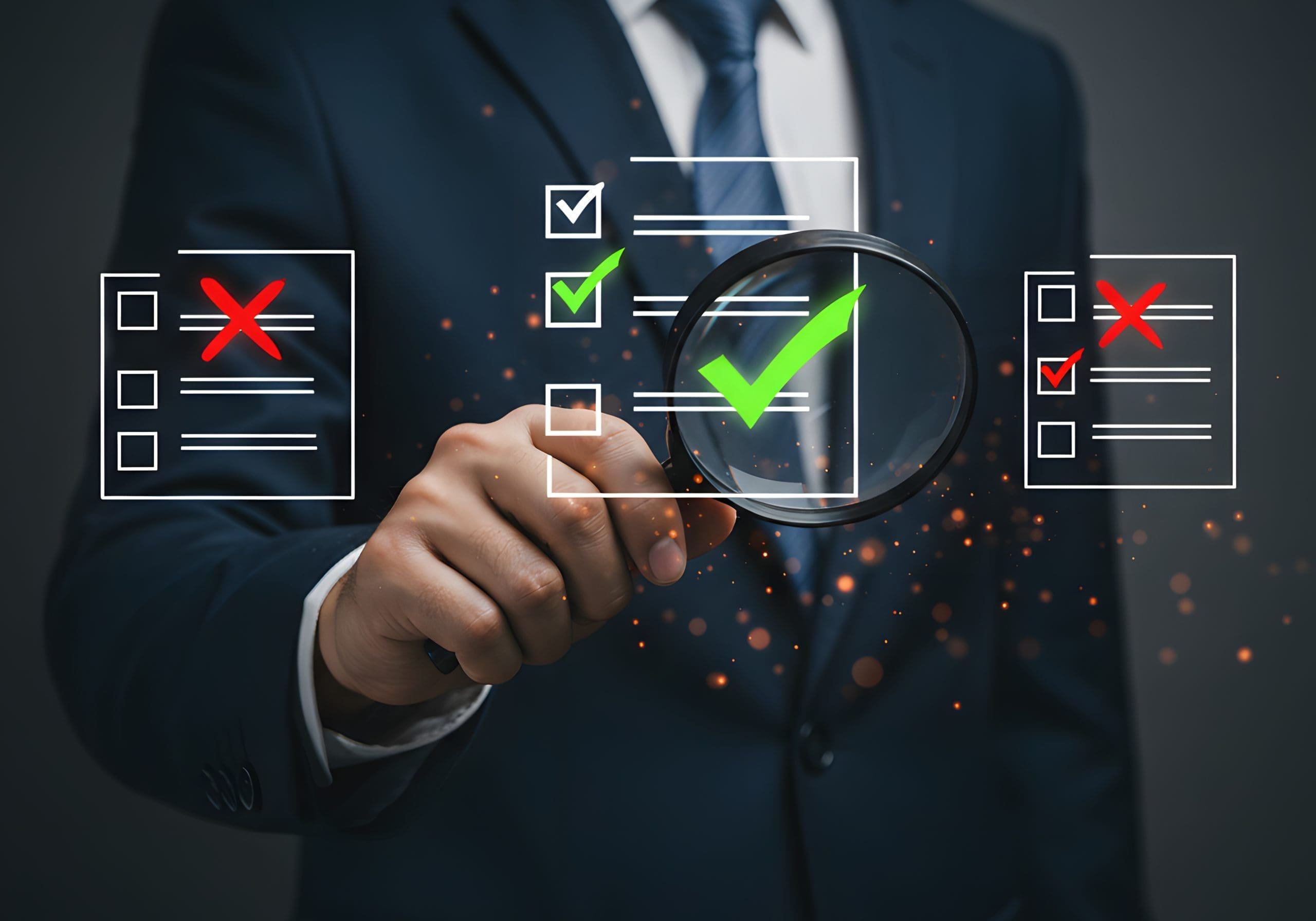 Businessman Examining Checklist with Magnifying Glass Green Checkmarks and Red Crosses