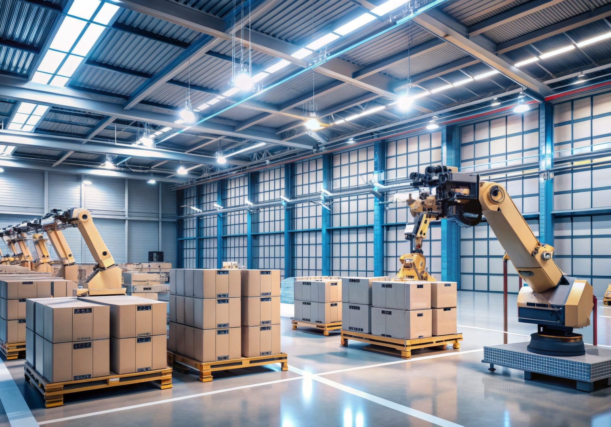 High-tech industrial robots efficiently organize boxes on pallets in a sleek, modern warehouse under bright, cool white LED lighting.